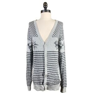 Twentyone Men Cardigan Sweater Gray Check Stripe Nordic Pockets size small